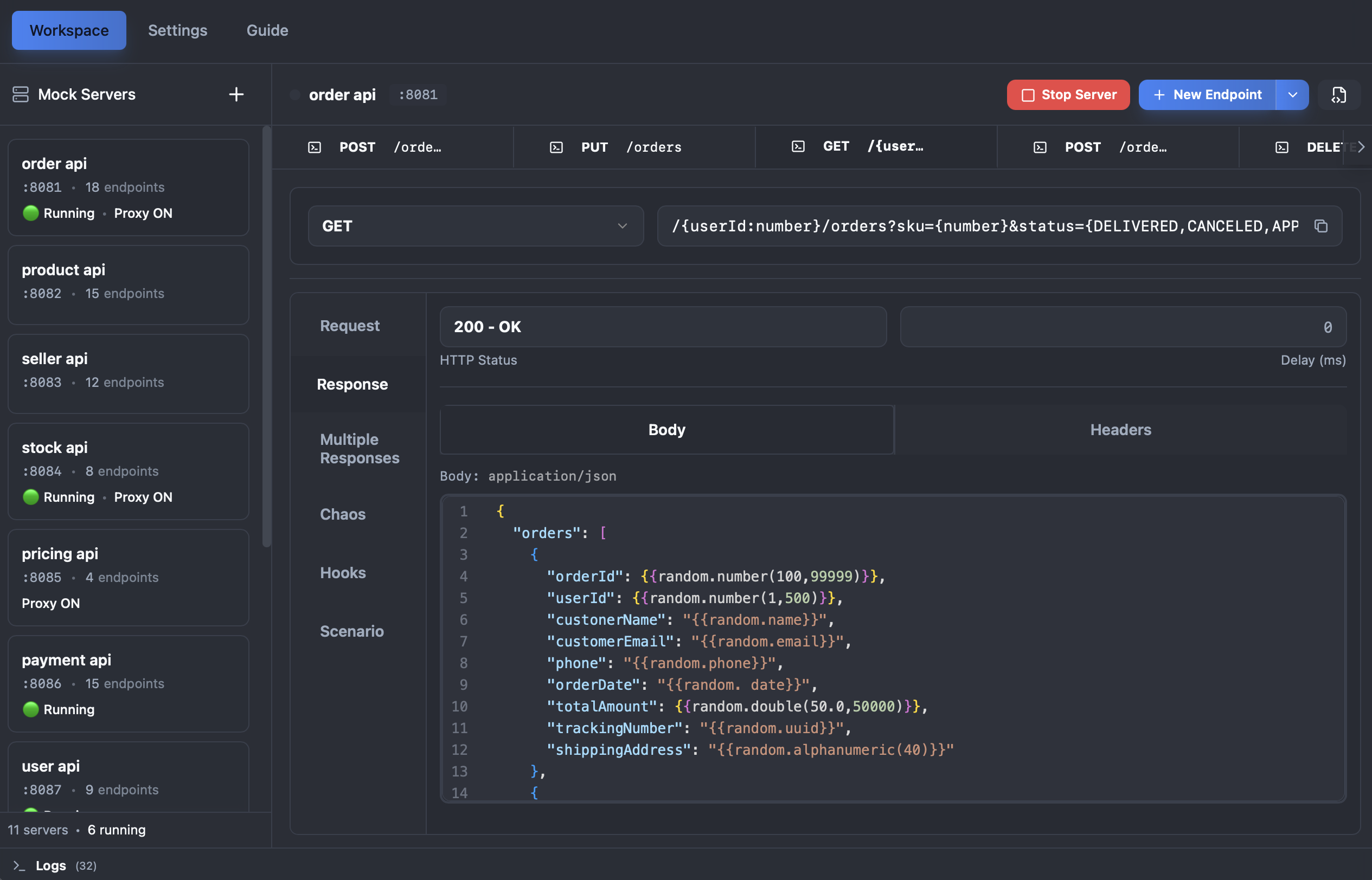 Mocklantis mock server desktop application with intuitive dark theme interface